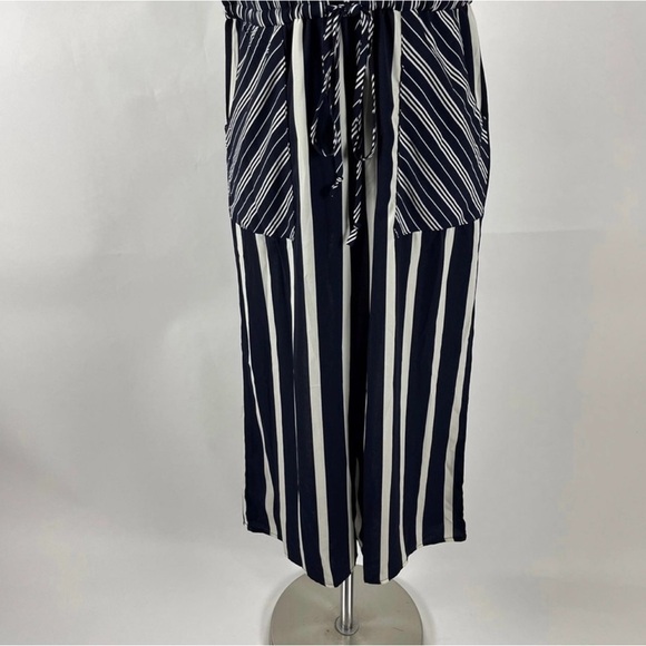 Lucer  Women’s Navy Blue and White Striped Side Pockets V-Neck Midi Jumpsuit - Picture 7 of 9